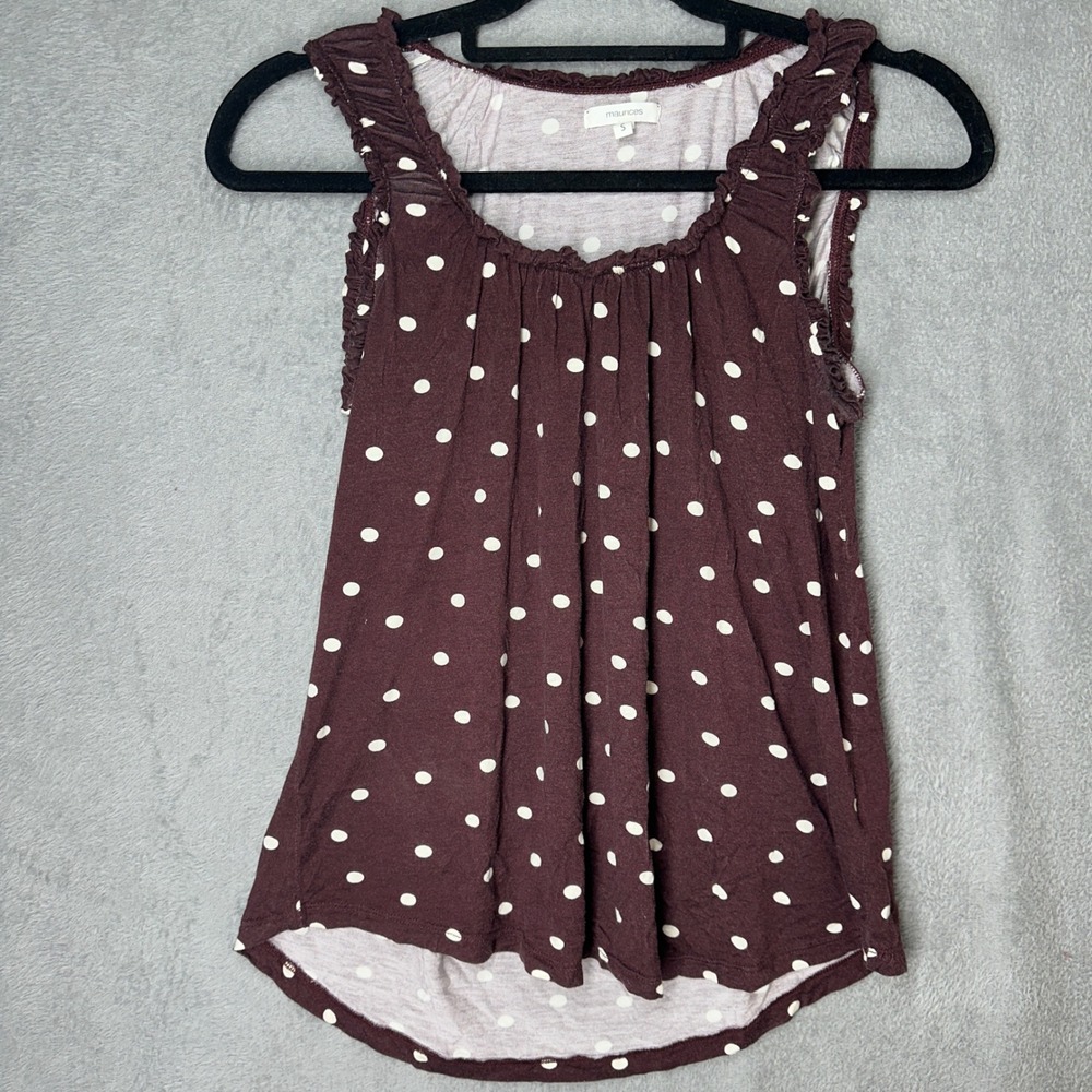 Maurices Womens Polka Dot Sleeveless Ruffle Neck Top Burgundy Small